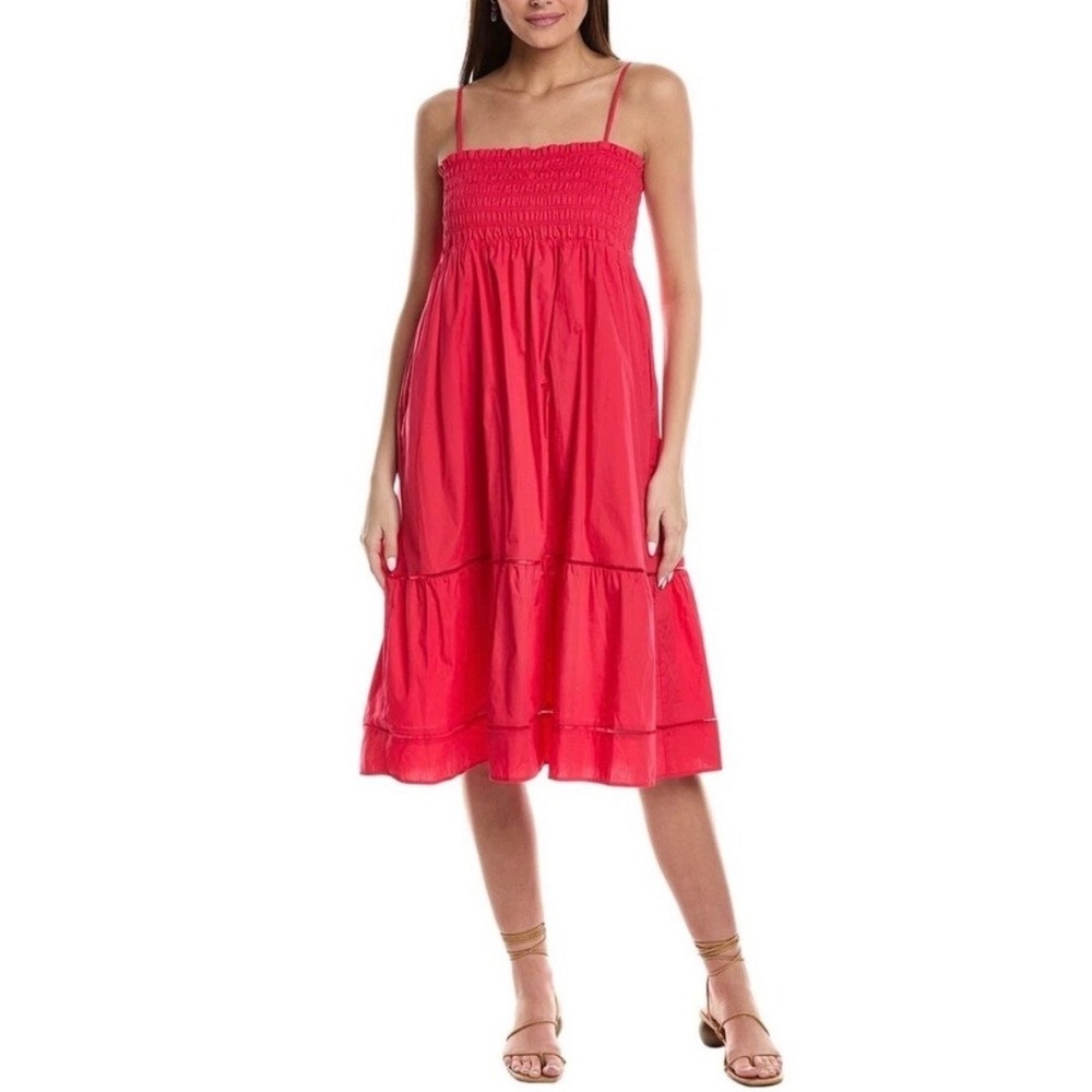 O.P.T. Red Smocked Cotton Midi Dress Medium Tiered Sun Dress Pockets